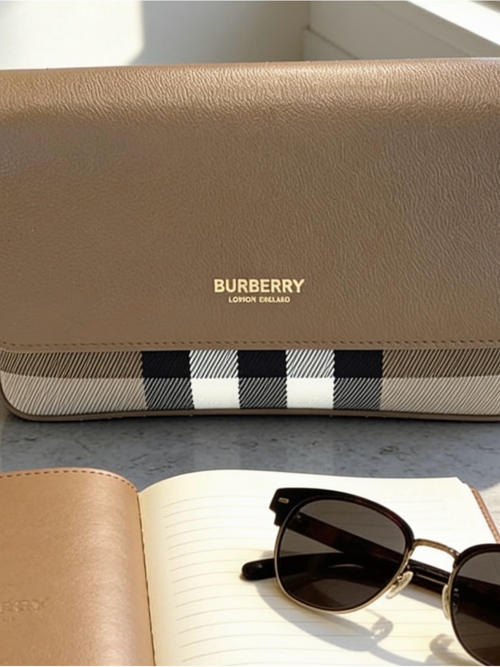 Burberry Hampshire Small Brown House Check & Leather Crossbody Bag Reg $1,150